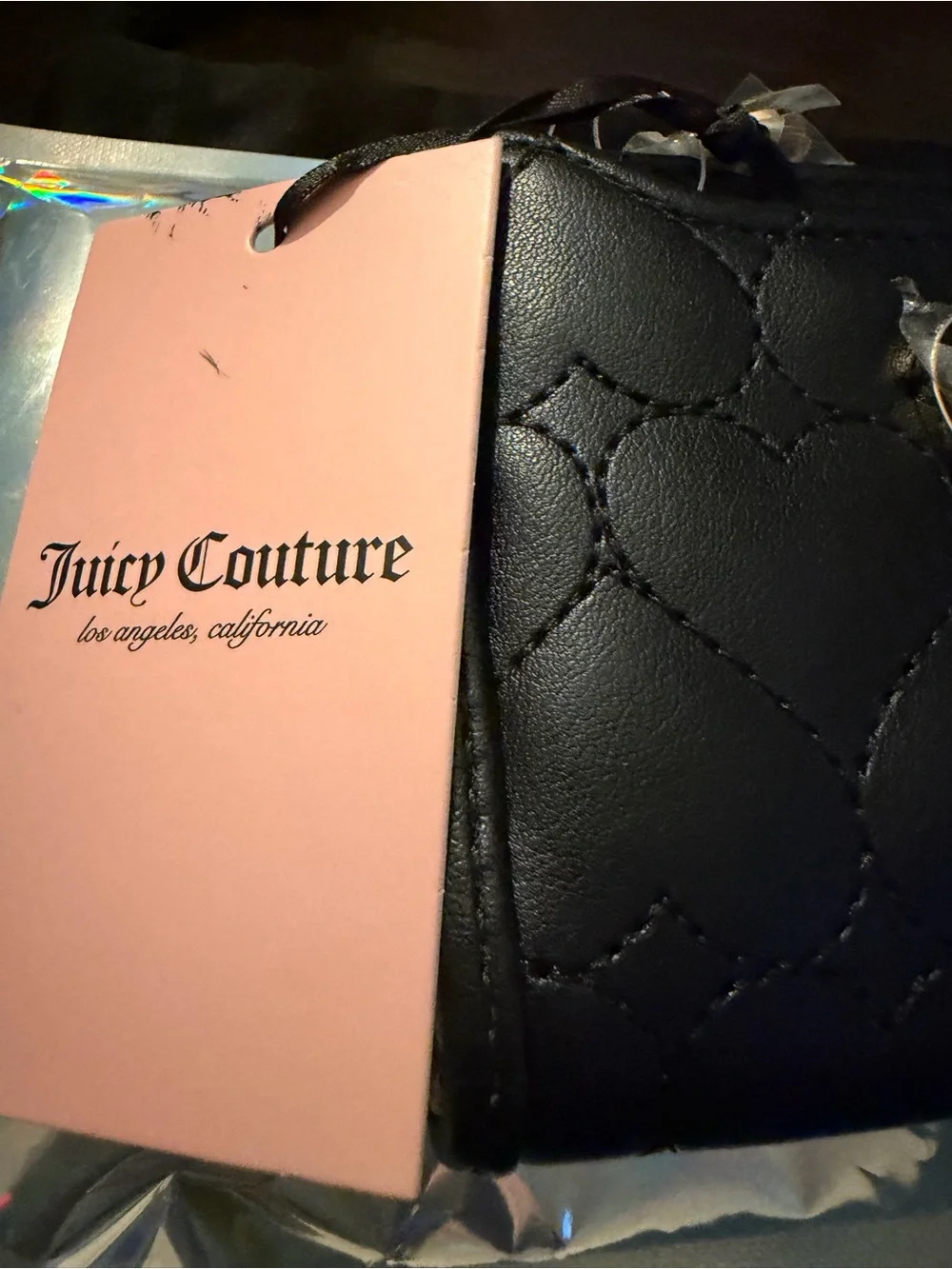 Juicy Couture Black Quilted Heart Zip Card Holder with Heart Charm